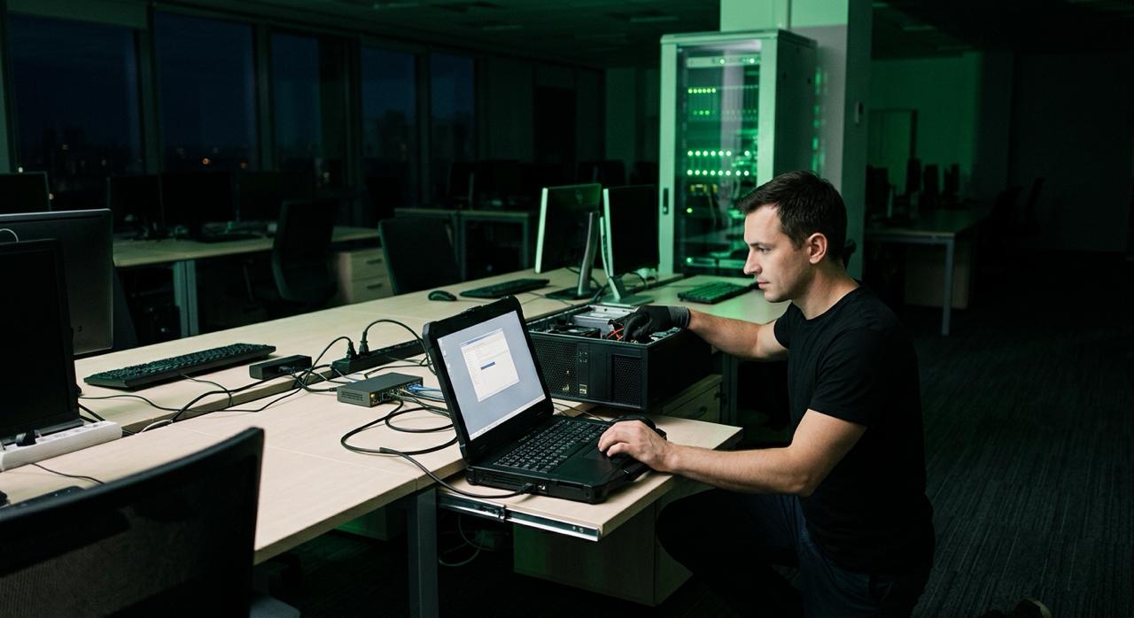Techniker bei der nächtlichen Verwaltung von Servern und Netz